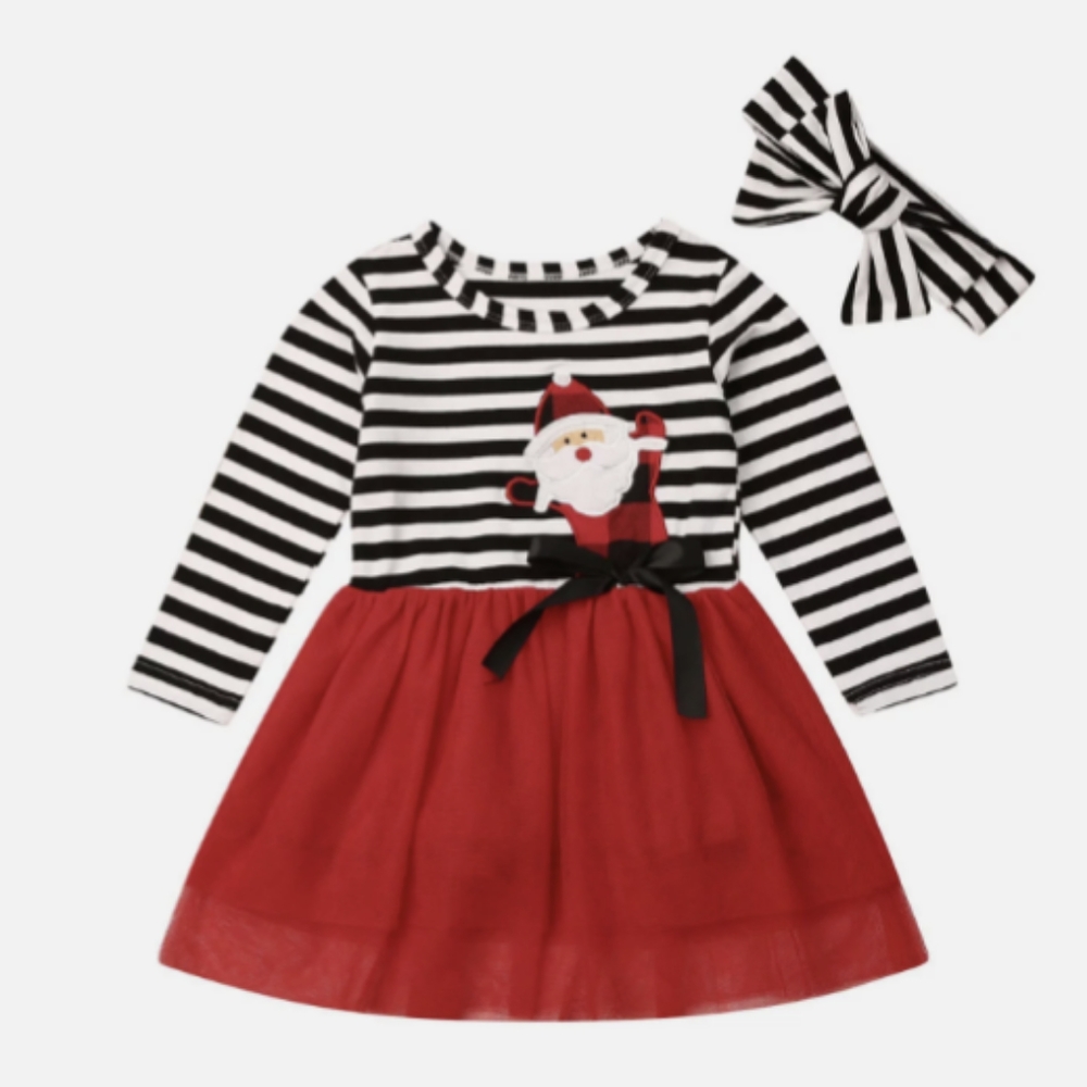 Shuttle Tree Girls Christmas Dress Long Sleeve Stripe Tulle Dress W/ Headband